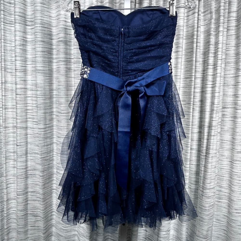 Teeze Me Navy Blue Glitter Tulle Strapless Ruffle Party Dress Rhinestone Belt 3 - Picture 2 of 9